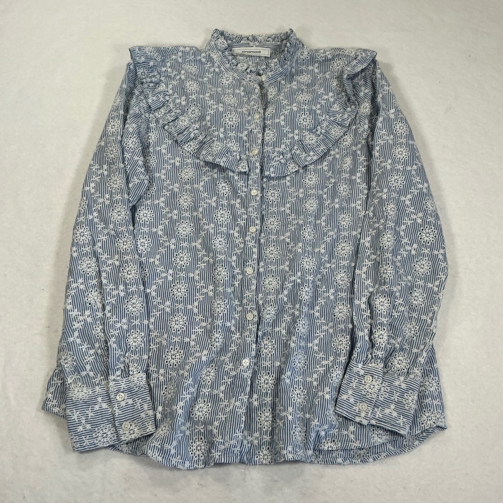 Promod Blue White Striped Eyelet Ruffle Blouse Long Sleeve Button Front Top